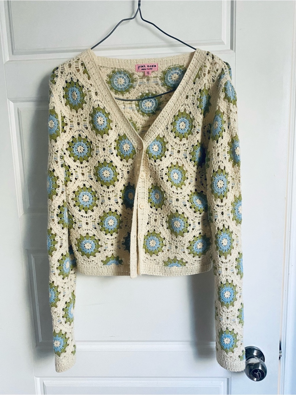 Crocheted Cream Floral-Pattern Cardigan Sweater by Pink Robin New York